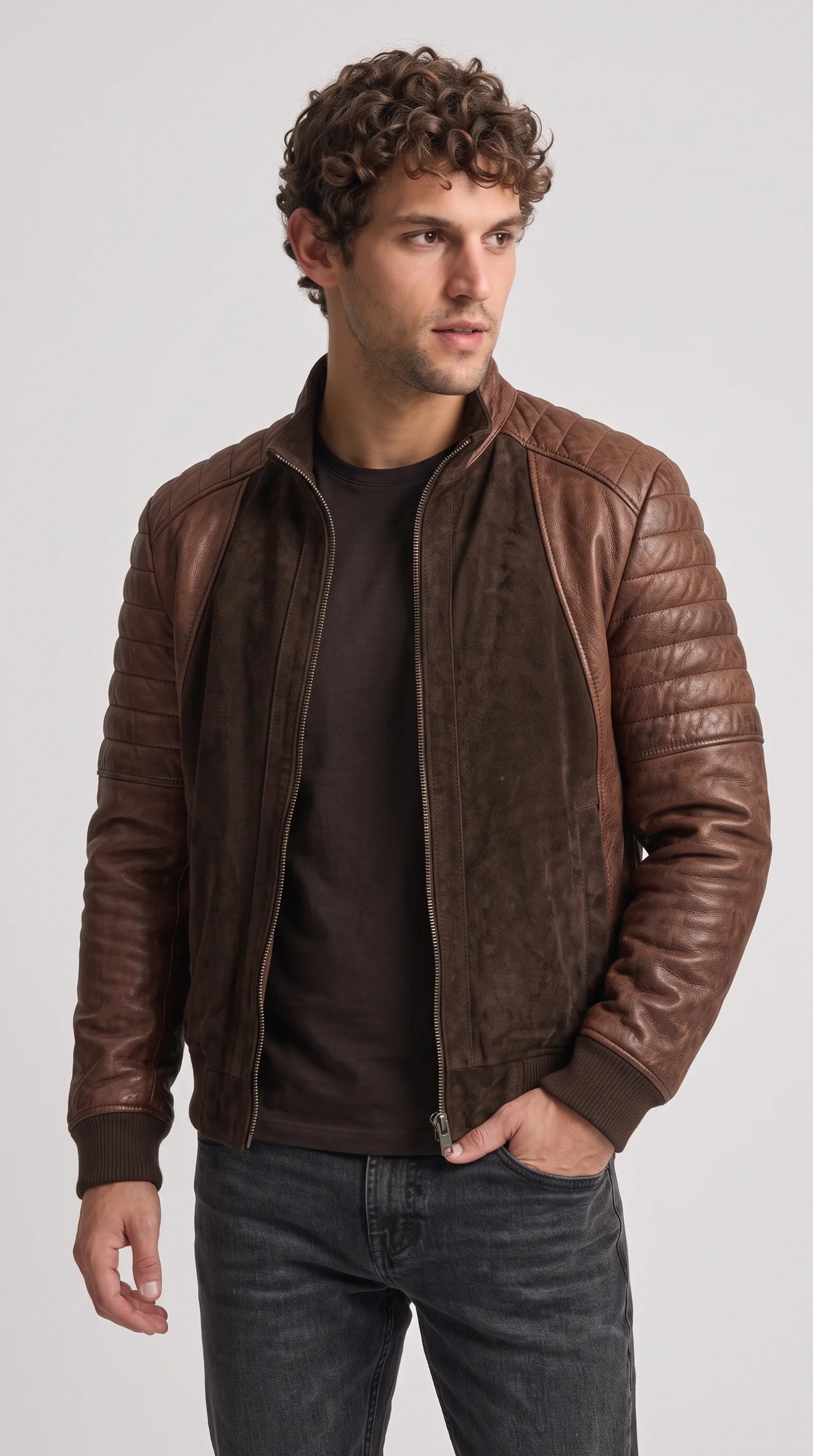 DARK CHOCOLATE BROWN SUEDE & QUALITED LEATHER JACKET