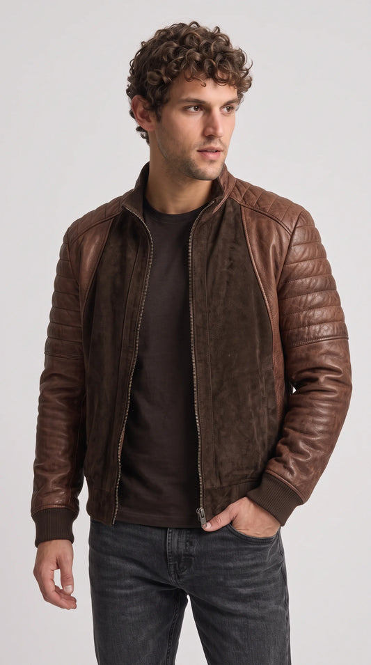 DARK CHOCOLATE BROWN SUEDE & QUALITED LEATHER JACKET