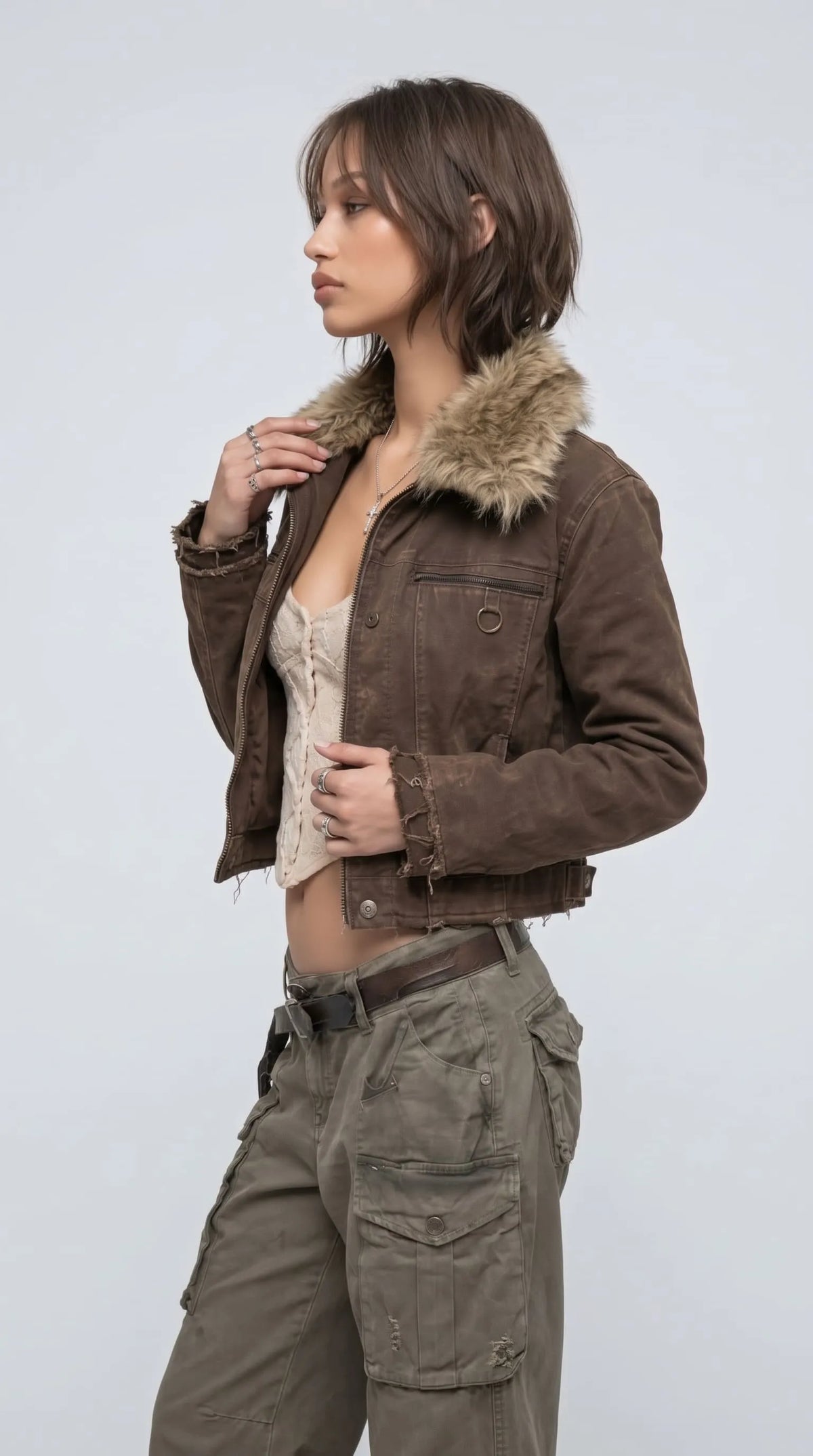 DARK KHAKI DENIM YK2 JACKET WITH FUR COLLAR