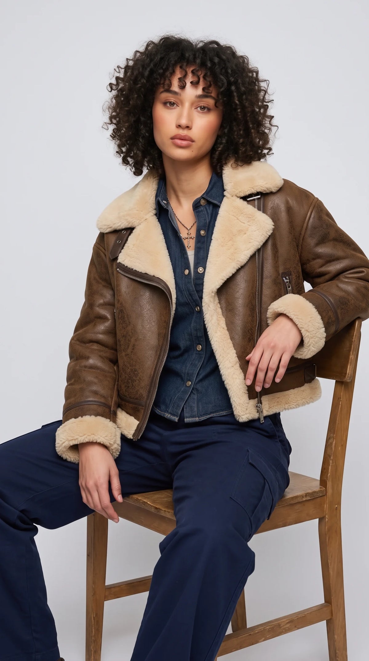 BROWN LEATHER CROPPED AVIATOR FLIGHT JACKET WITH CREAM SHEARLING