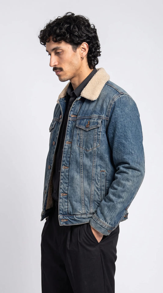 MID-BLUE VINTAGE WASH DENIM with SHEARING JACKET
