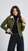 OLIVE SUEDE DENIM JACKET WITH OFF-WHITE FAUX SHEARLING