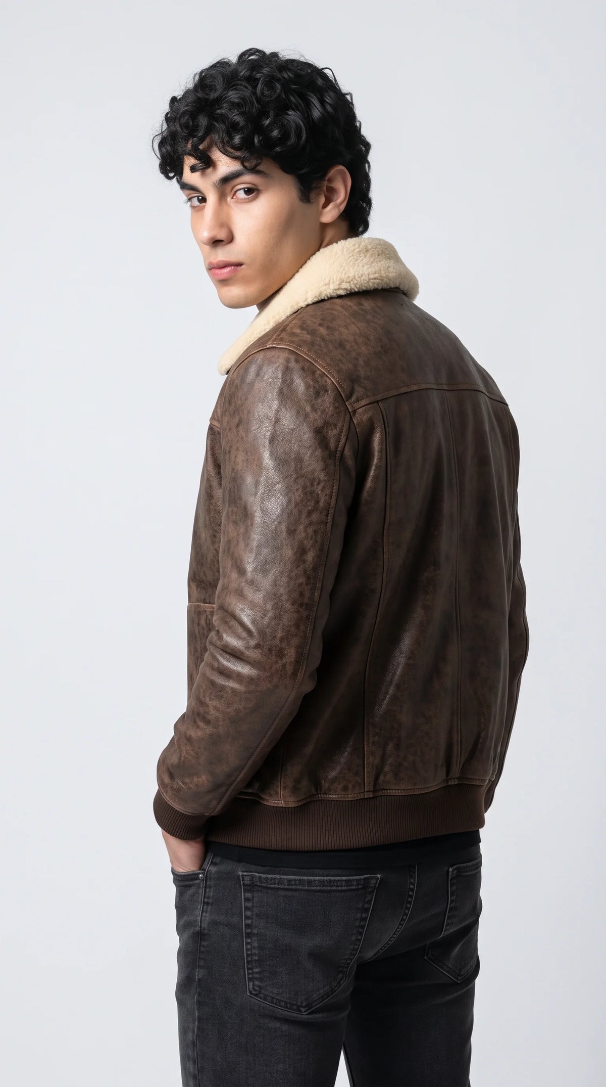 DARK BROWN DISTRESSED LEATHER BOMBER JACKET WITH CREAM SHEARLING