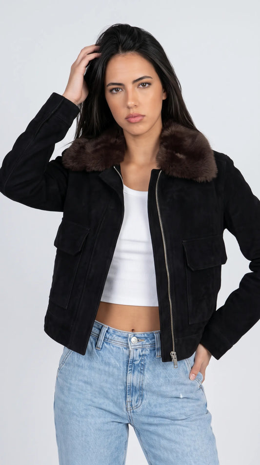 DARK BLACK SUEDE JACKET WITH DARK CHOCOLATE SHEARLING