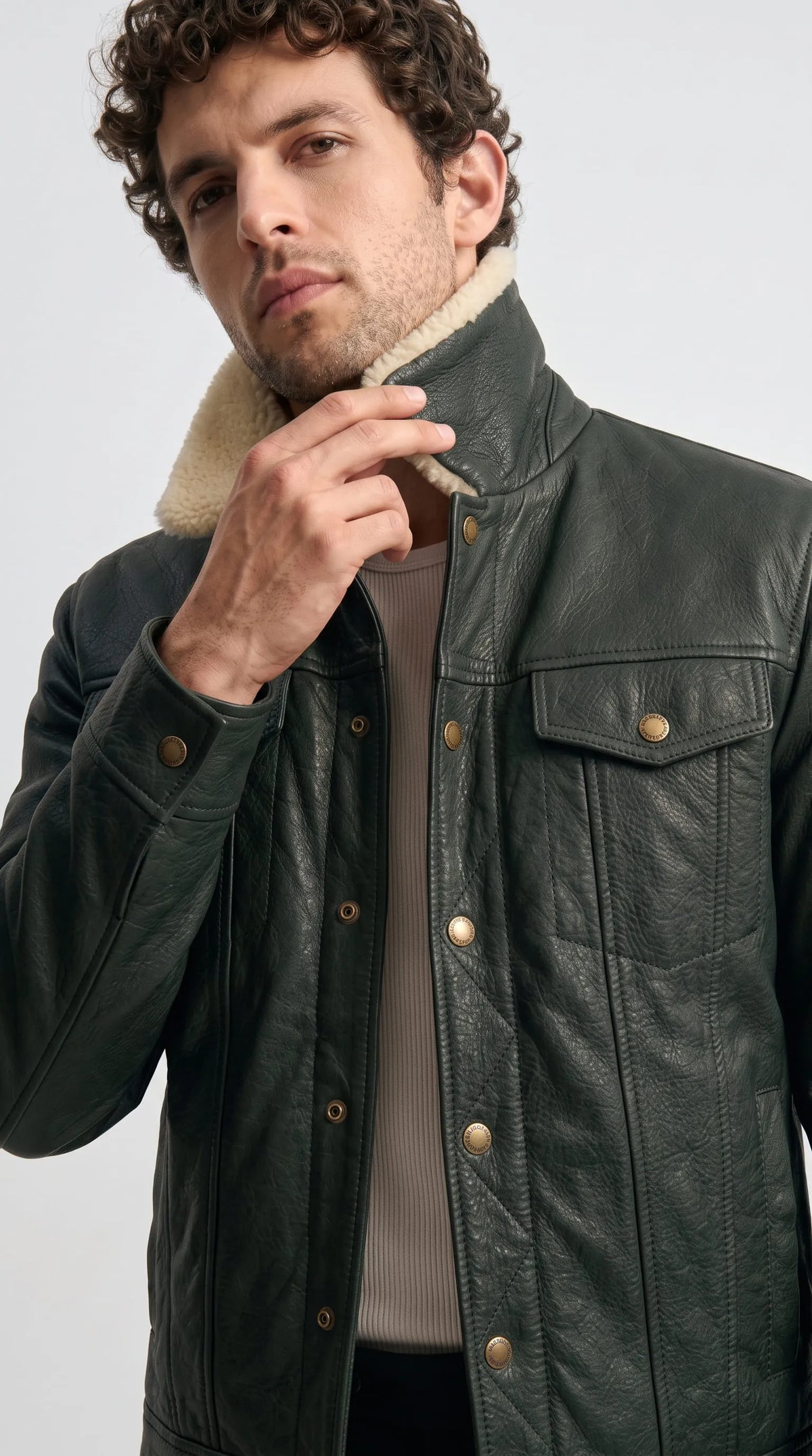 BLACK LEATHER TRUCKER JACKET WITH CREAM SHEARLING COLLAR
