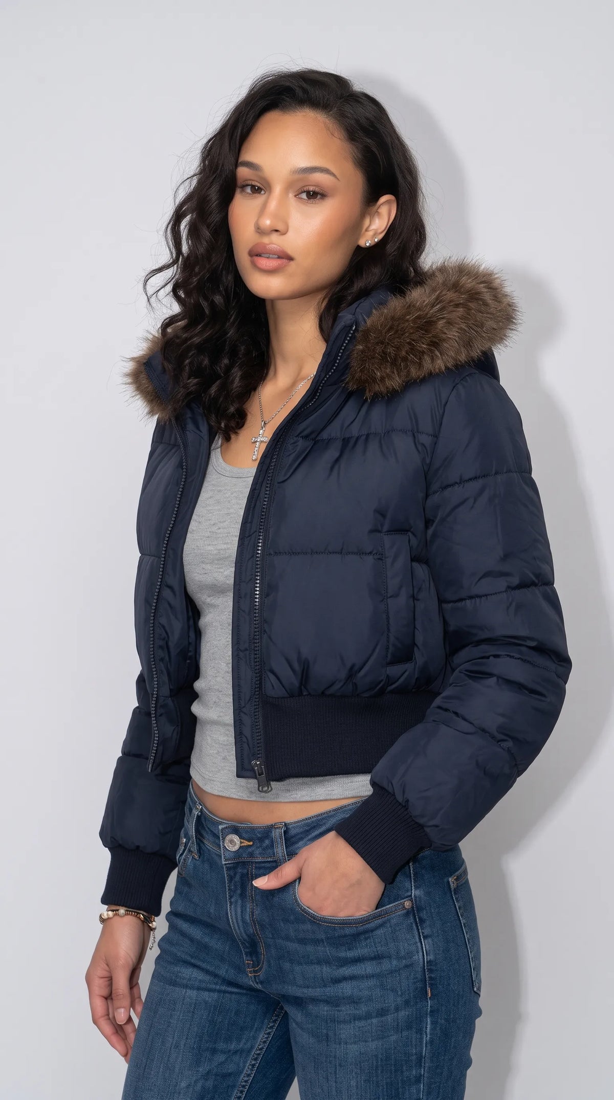 DARK NAVY PUFFER HIGH-WAIST CROPPED JACKET WITH FUR HOOD