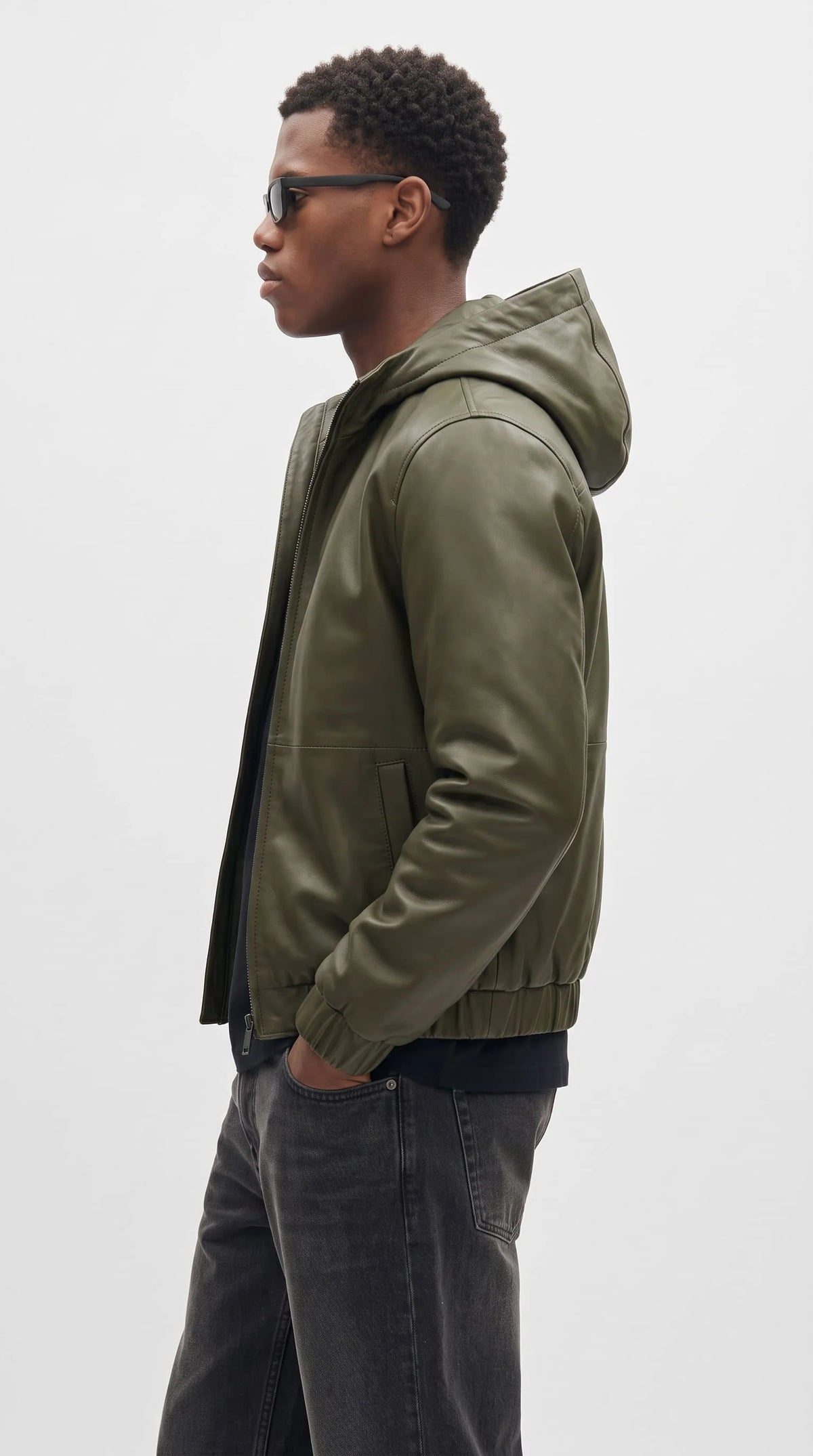 DARK GREEN LEATHER BOMBER JACKET WITH SHEARLING-LINED HOOD