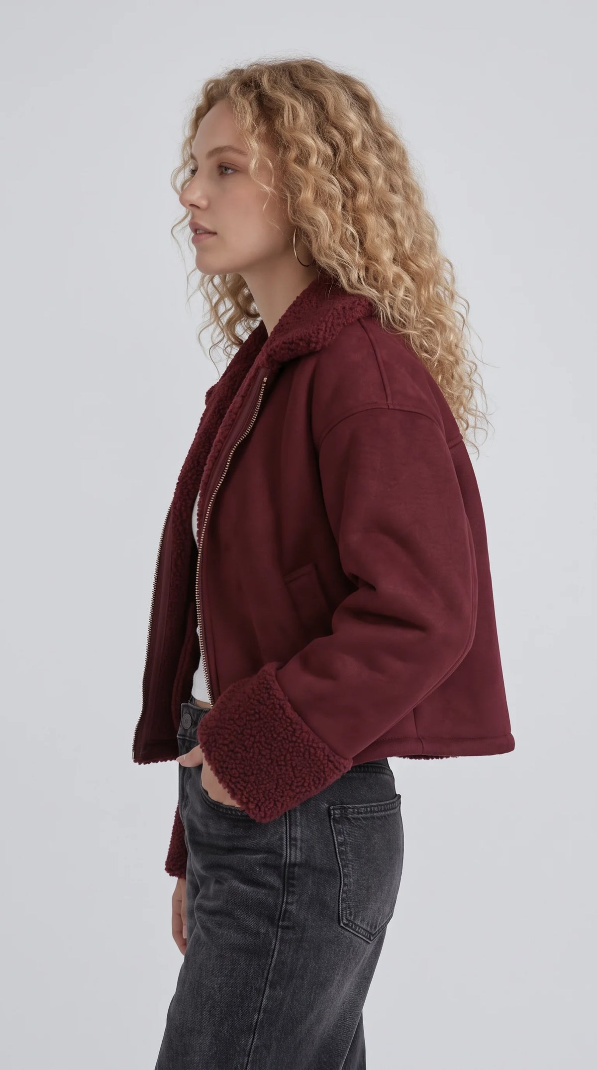 DARK MAROON SUEDE AVIATOR JACKET WITH SHEARLING