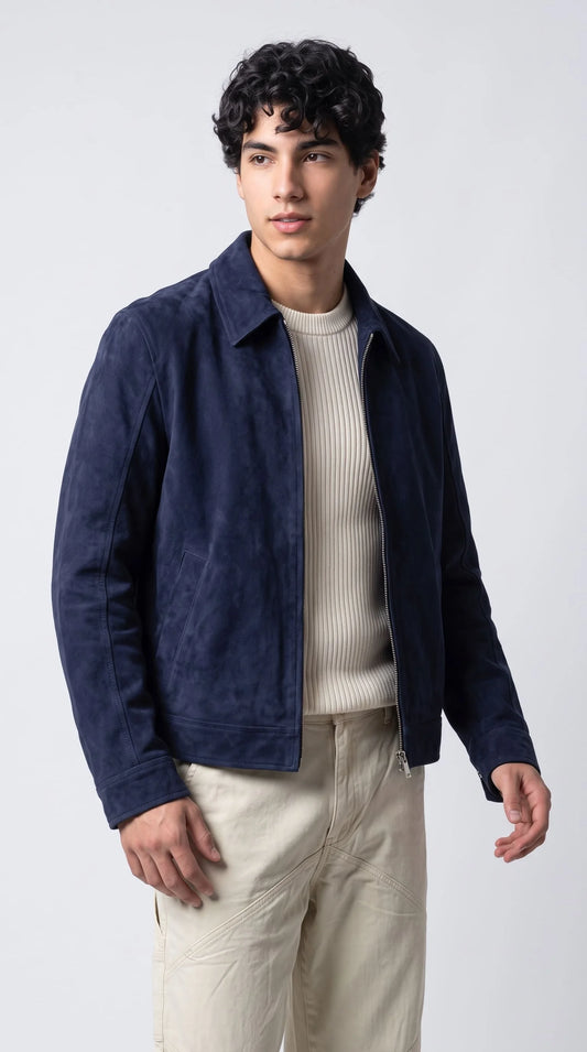 DARK NAVY BLUE SUEDE BOMBER JACKET