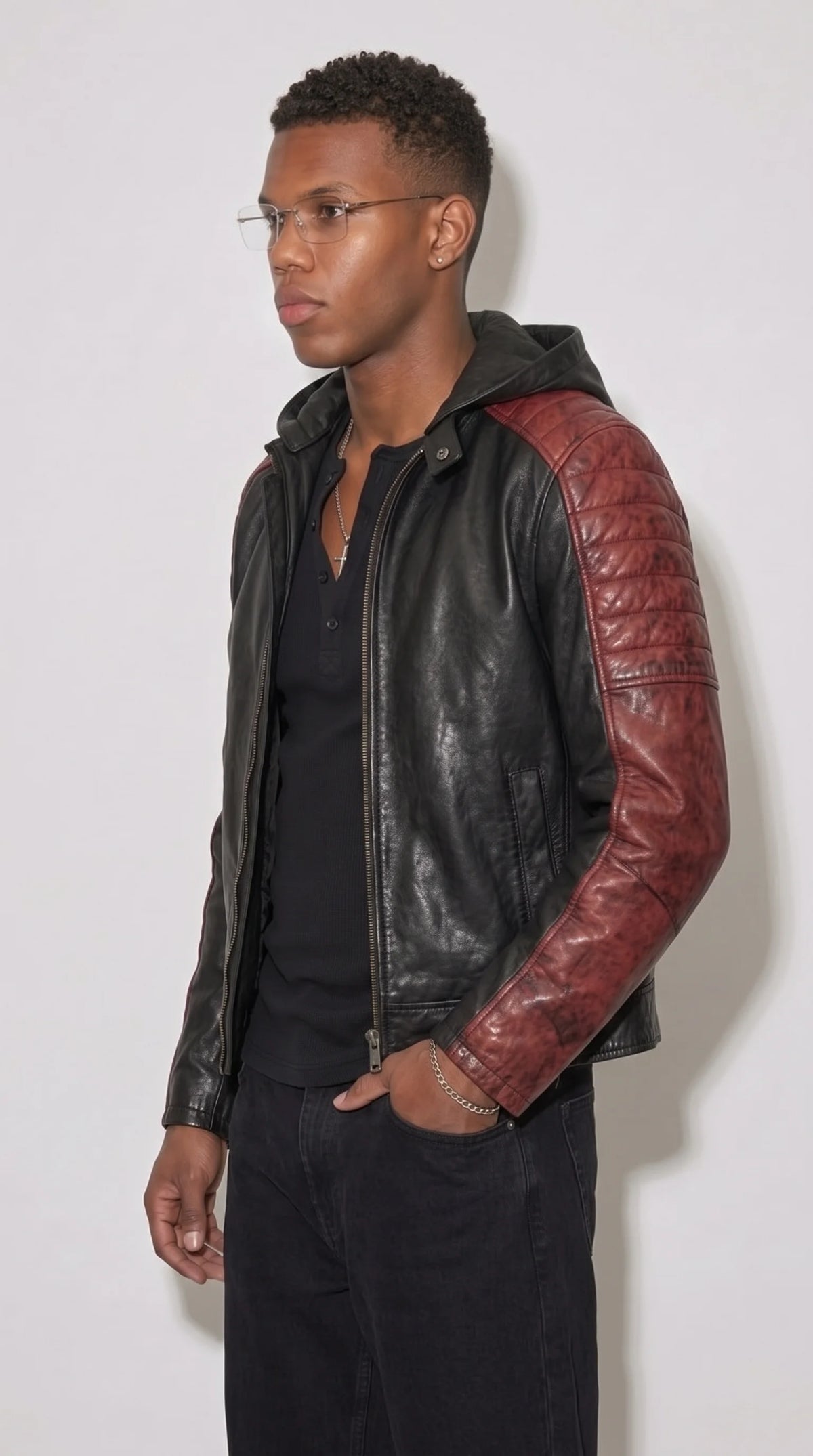 PREMIUM DARK BLACK AND RED QUILTED LEATHER JACKET WITH HOOD