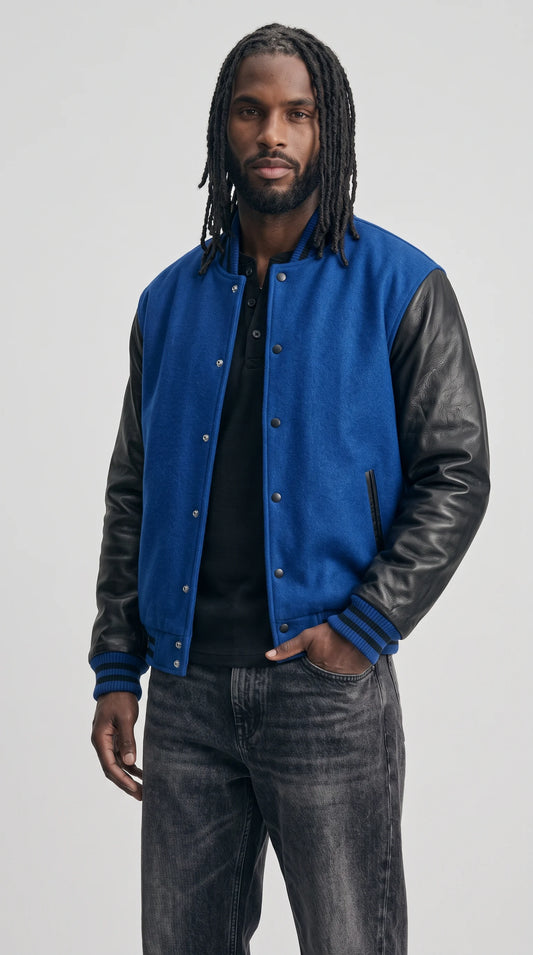 BLUE SUEDE & BLACK LEATHER VARSITY JACKET