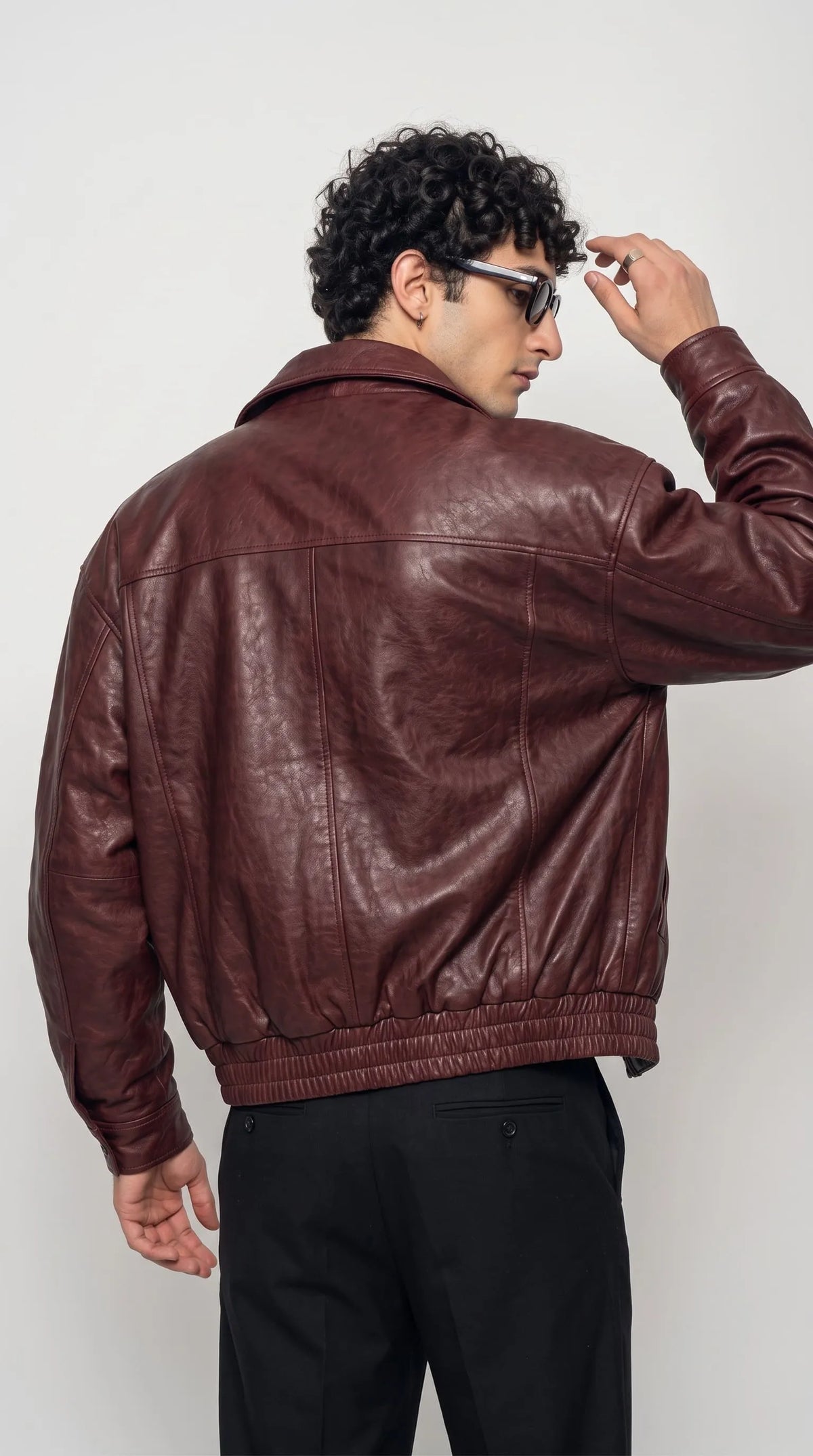 DARK RED LEATHER OVERSIZED BOMBER JACKET