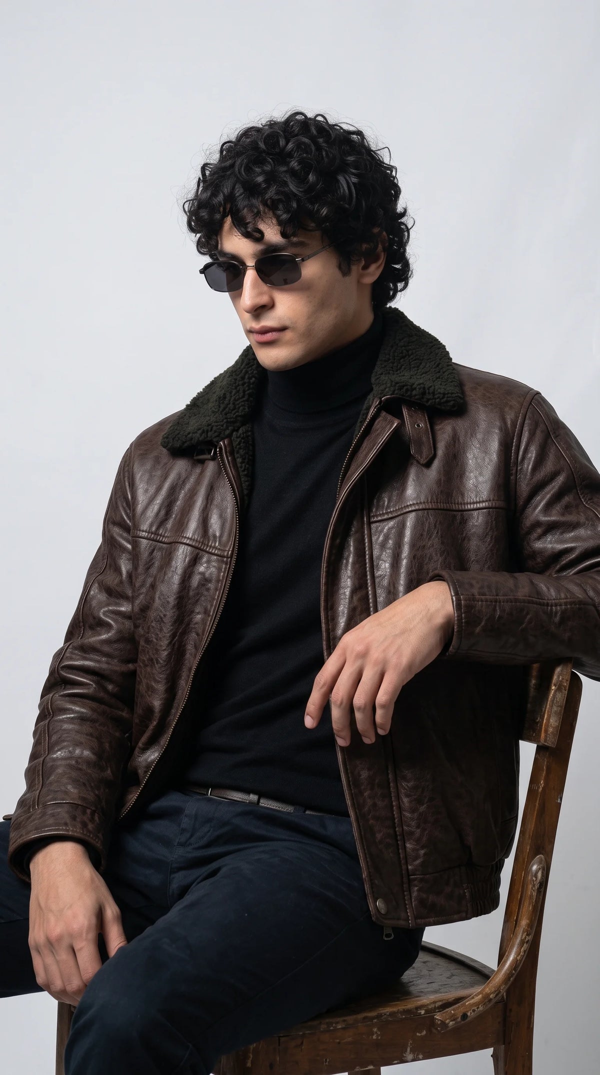 DARK BROWN LEATHER JACKET WITH BLACK SHEARLING
