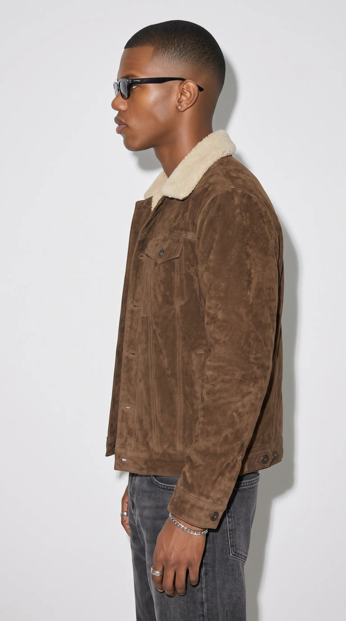 DARK CHOCOLATE BROWN SUEDE TRUCKER JACKET WITH CREAM SHEARLING