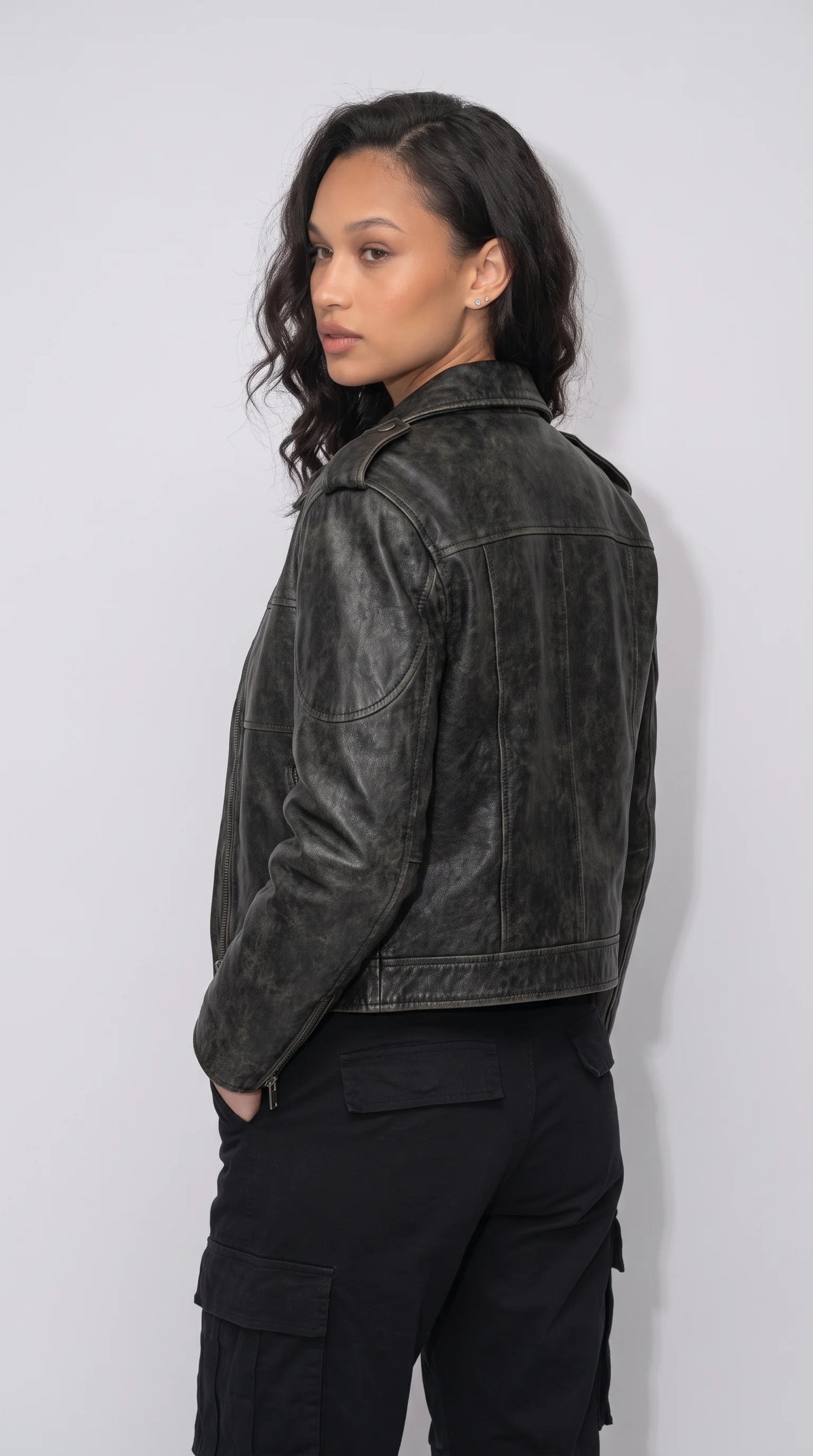 VINTAGE-WASH BLACK LEATHER RACER JACKET