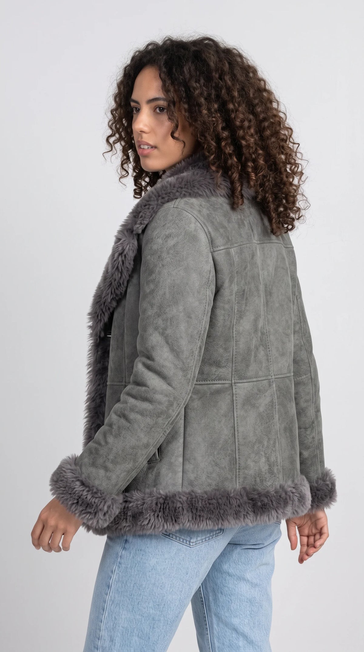 DARK GREY SUEDE AVIATOR FLIGHT JACKET WITH DARK GREY FAUX SHEARLING