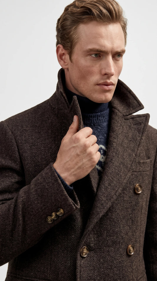 DARK BROWN LONG WOOL PEA-COAT