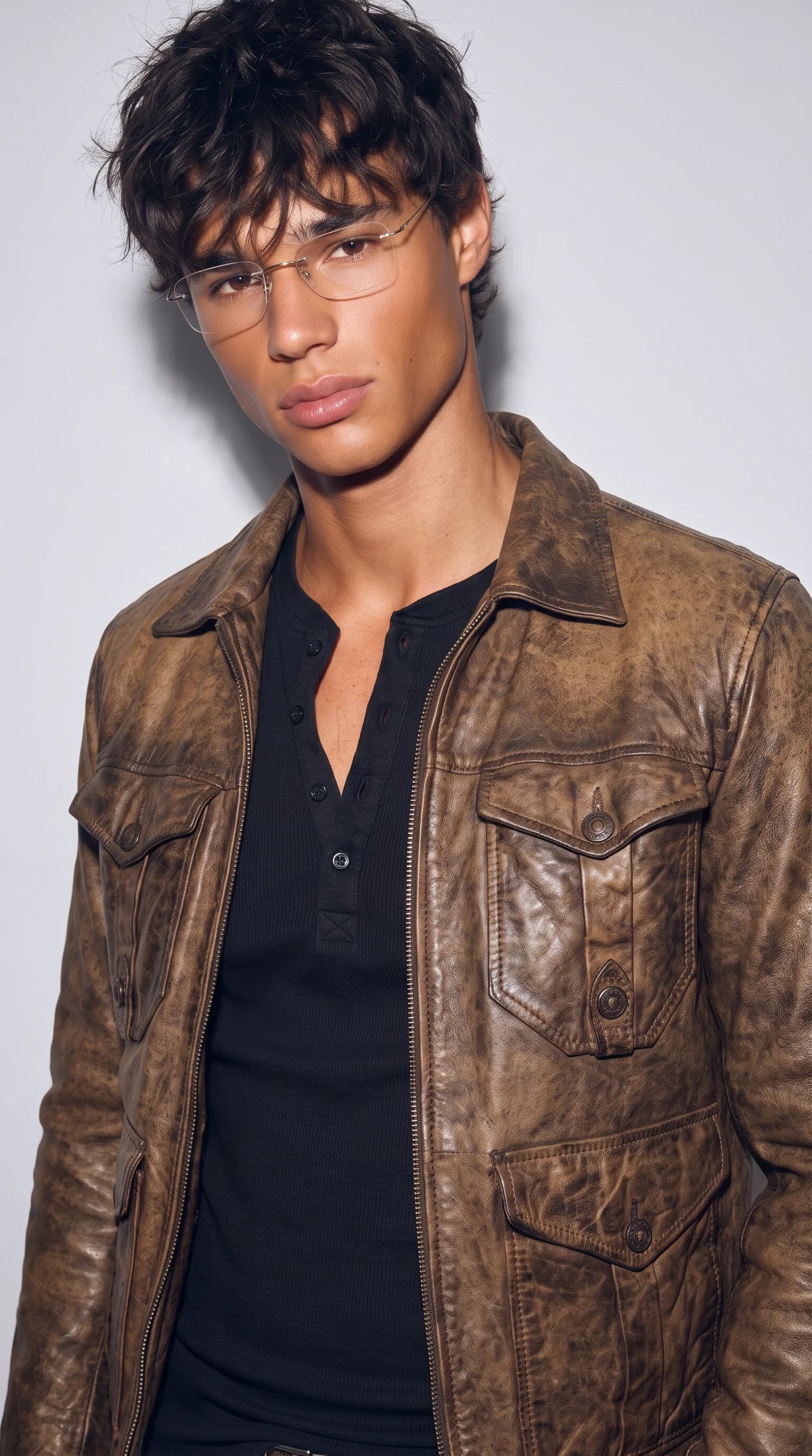 BROWN DISTRESSED LEATHER FIELD JACKET
