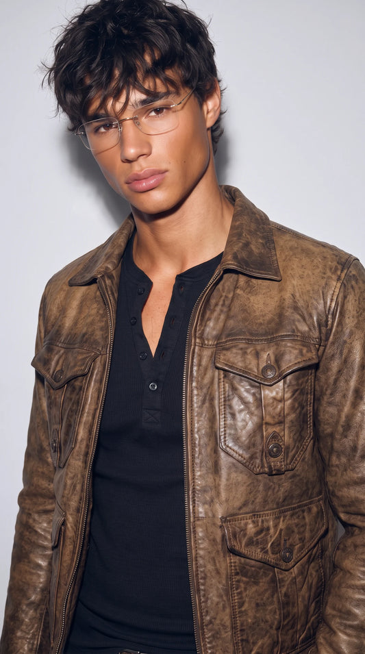 BROWN DISTRESSED LEATHER FIELD JACKET