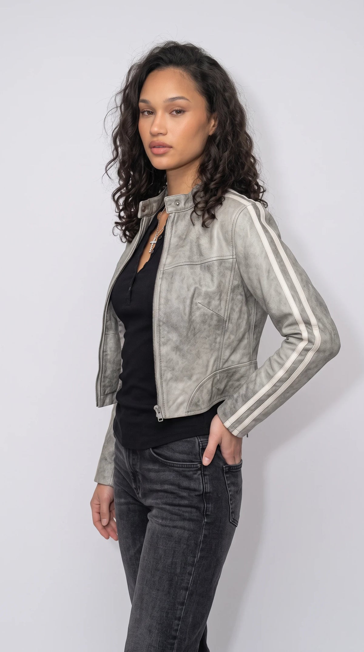 GREY DISTRESSED LEATHER JACKET