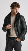 BLACK LEATHER PEACOAT WITH BLACK SHEARLING