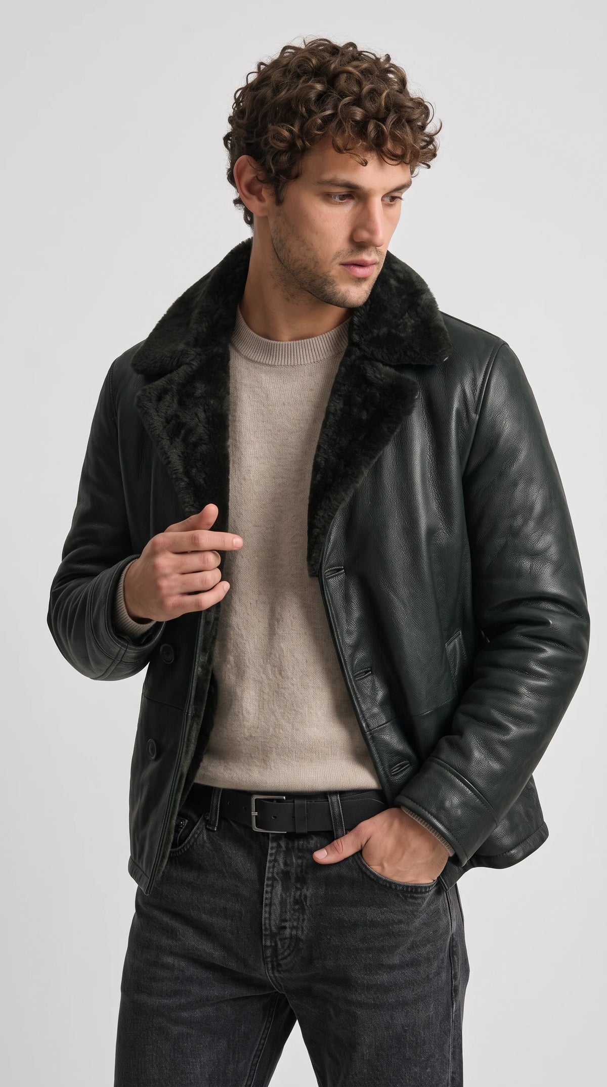 BLACK LEATHER PEACOAT WITH BLACK SHEARLING
