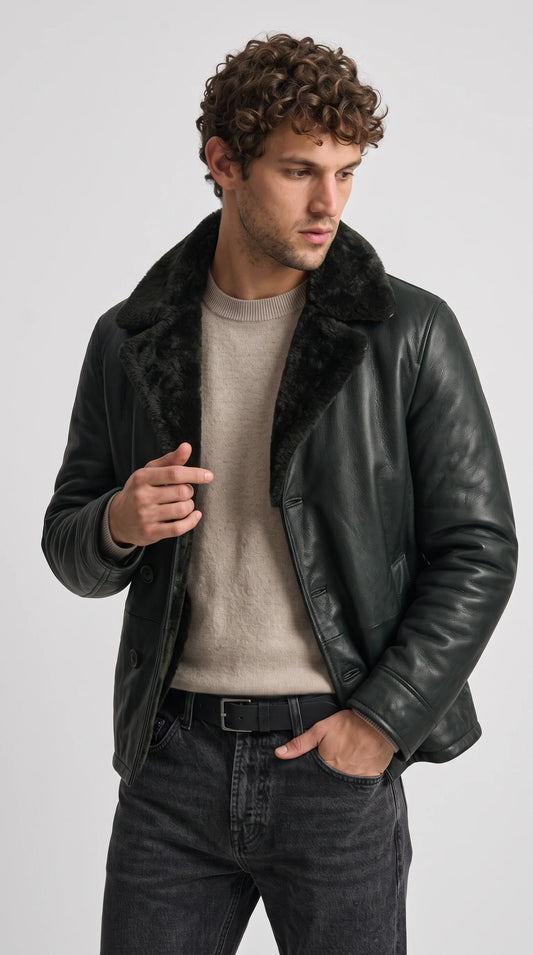 BLACK LEATHER PEACOAT WITH BLACK SHEARLING