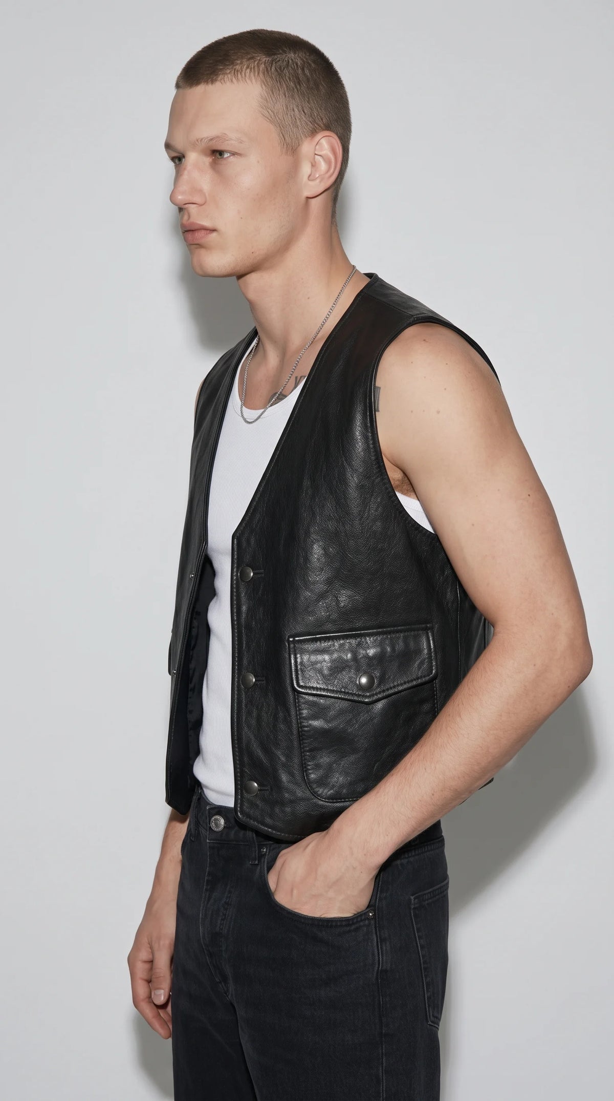 BUTTON-UP BLACK LEATHER VEST