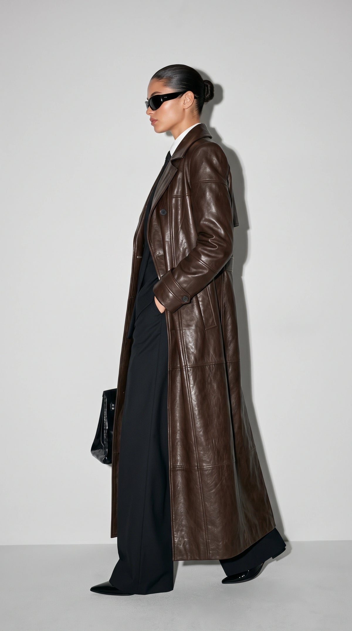 DARK CHOCOLATE BROWN LONG LEATHER TRENCH COAT