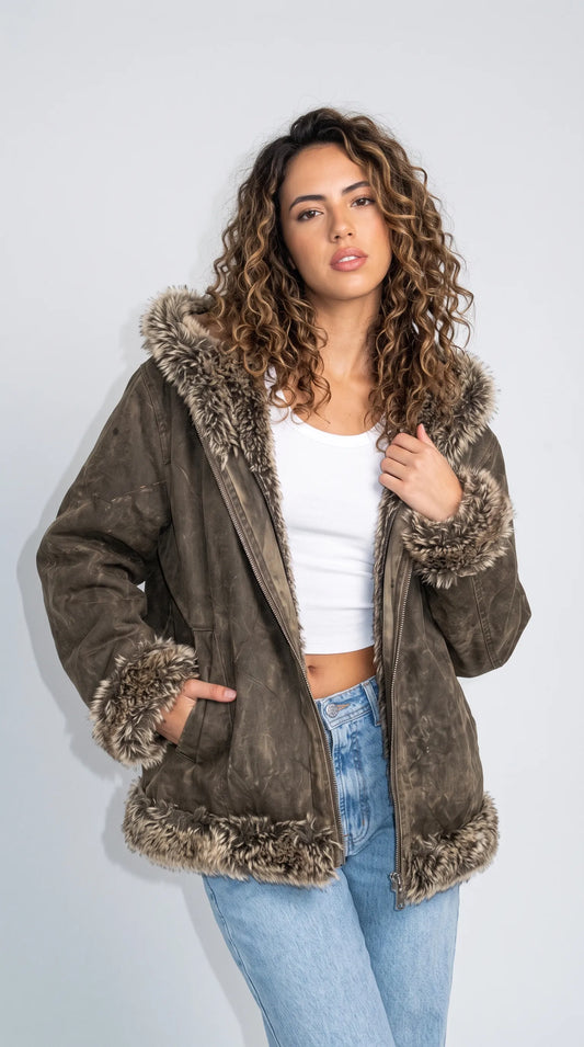 DARKEST OLIVE SUEDE BAGGY OVERSIZED VINTAGE YK2 JACKET WITH FUR