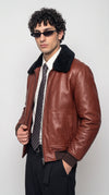 COGNAC LEATHER AVIATOR JACKET WITH BLACK SHEARLING