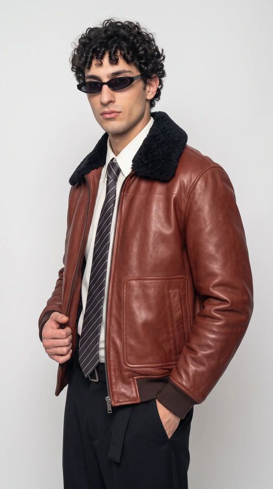 COGNAC LEATHER AVIATOR JACKET WITH BLACK SHEARLING