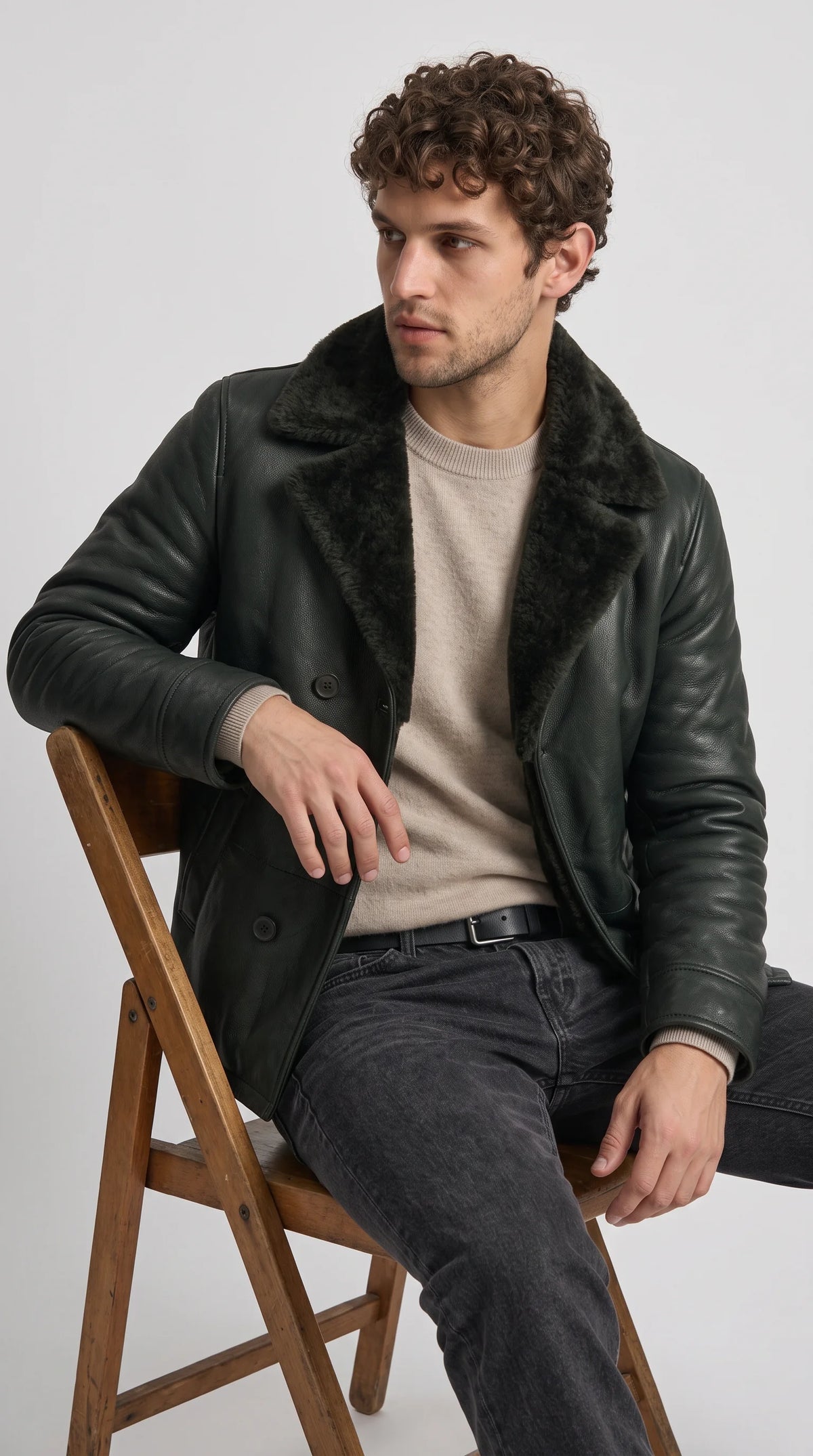BLACK LEATHER PEACOAT WITH BLACK SHEARLING