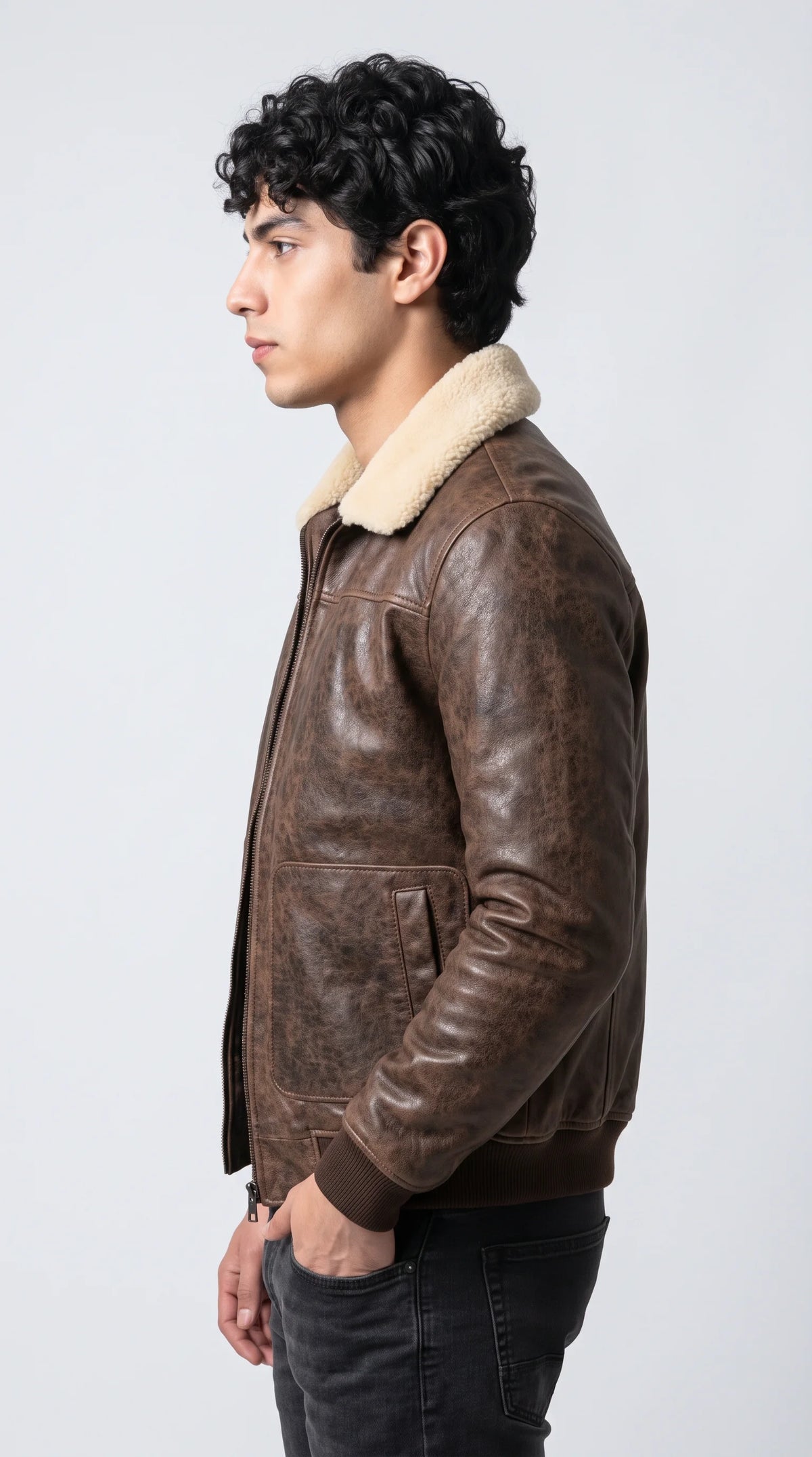 DARK BROWN DISTRESSED LEATHER BOMBER JACKET WITH CREAM SHEARLING