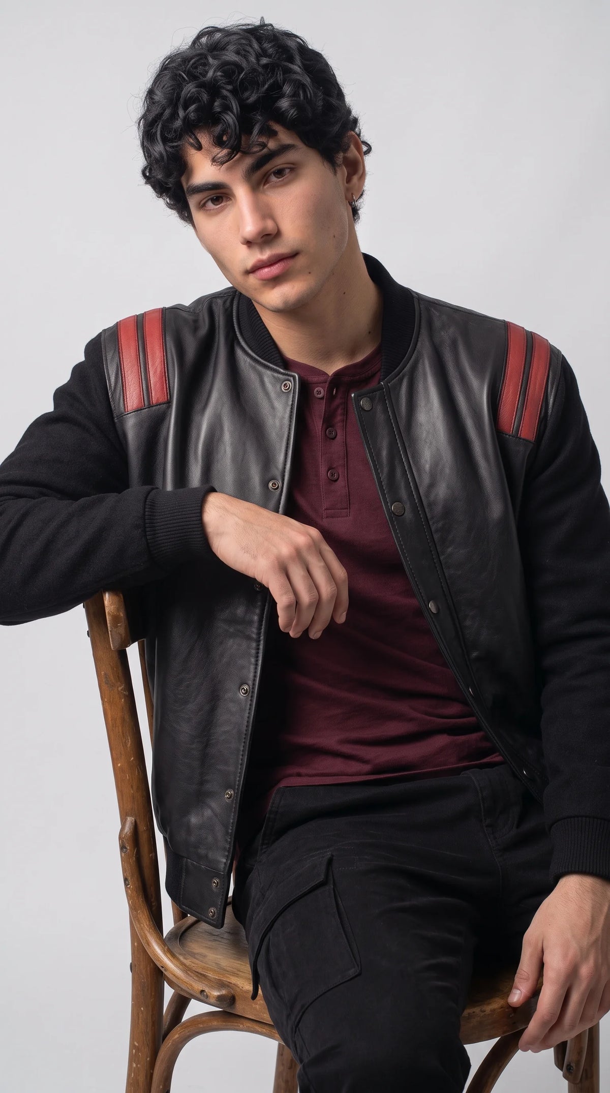 BLACK AND RED LEATHER BOMBER JACKET