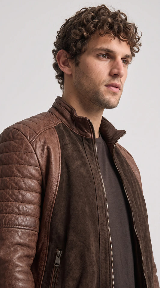 DARK CHOCOLATE BROWN SUEDE & QUALITED LEATHER JACKET