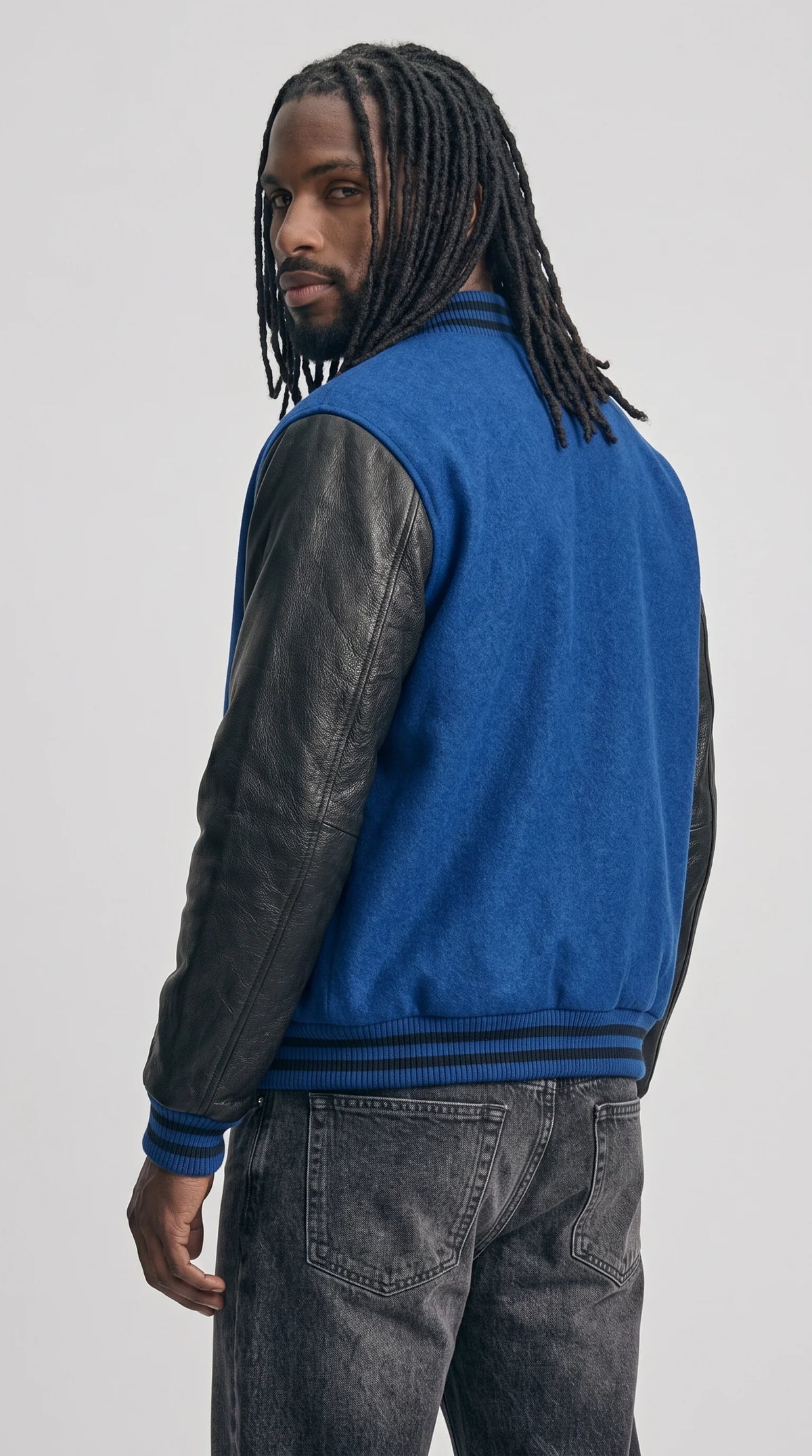 BLUE SUEDE & BLACK LEATHER VARSITY JACKET
