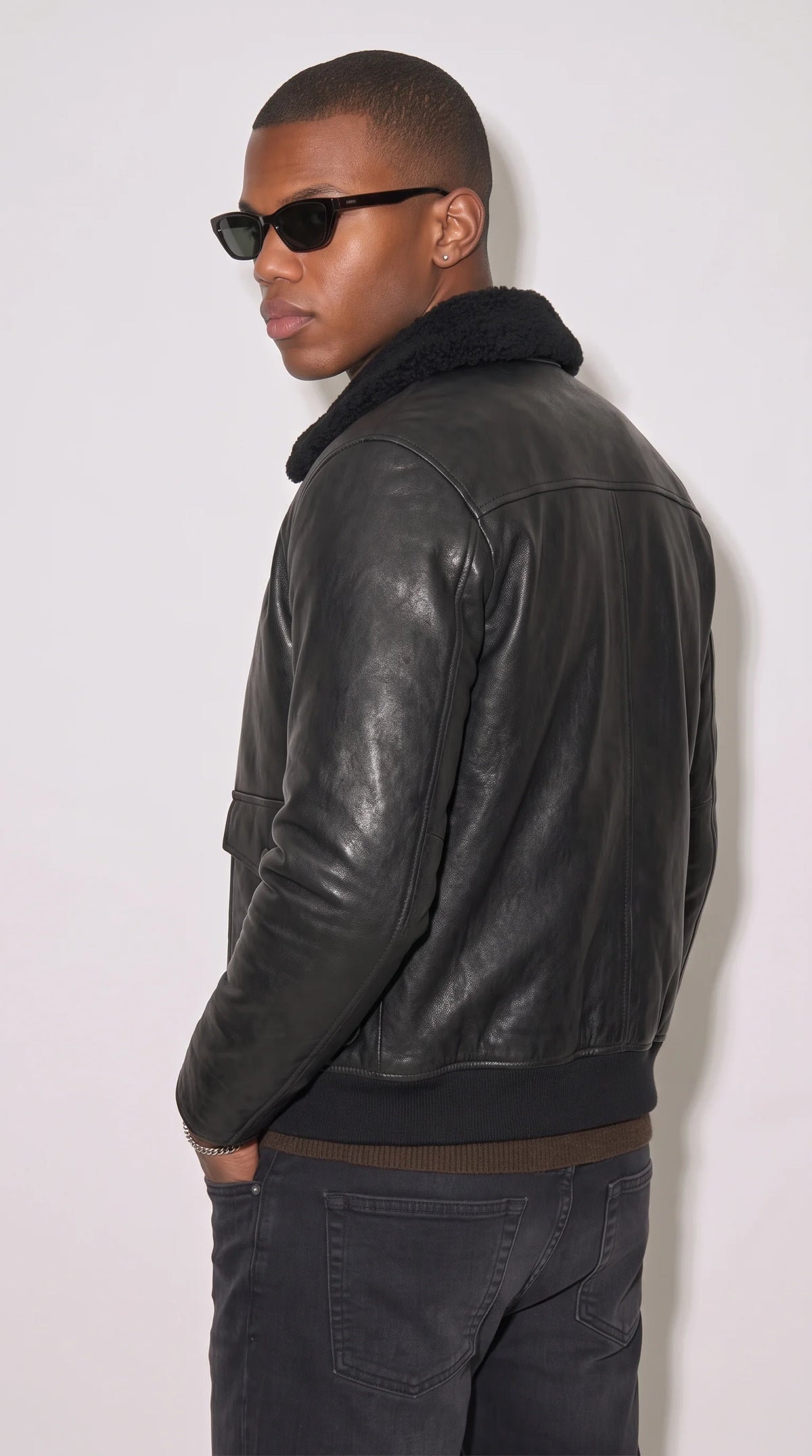BLACK LEATHER BOMBER JACKET WITH BLACK SHEARLING