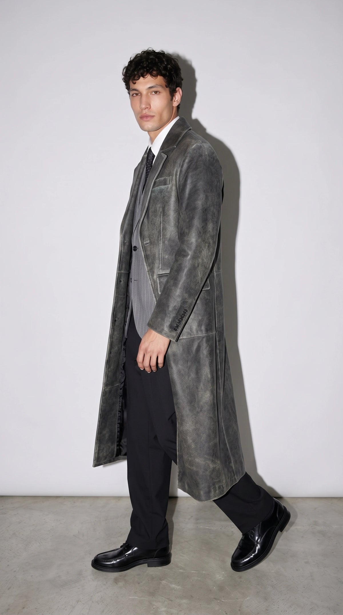 DARK GREY DISTRESSED LEATHER OVERCOAT