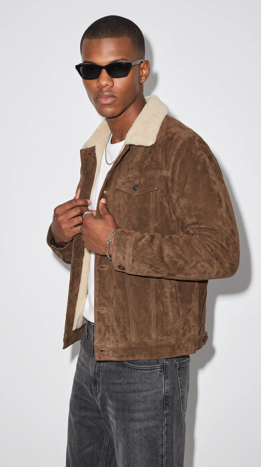DARK CHOCOLATE BROWN SUEDE TRUCKER JACKET WITH CREAM SHEARLING