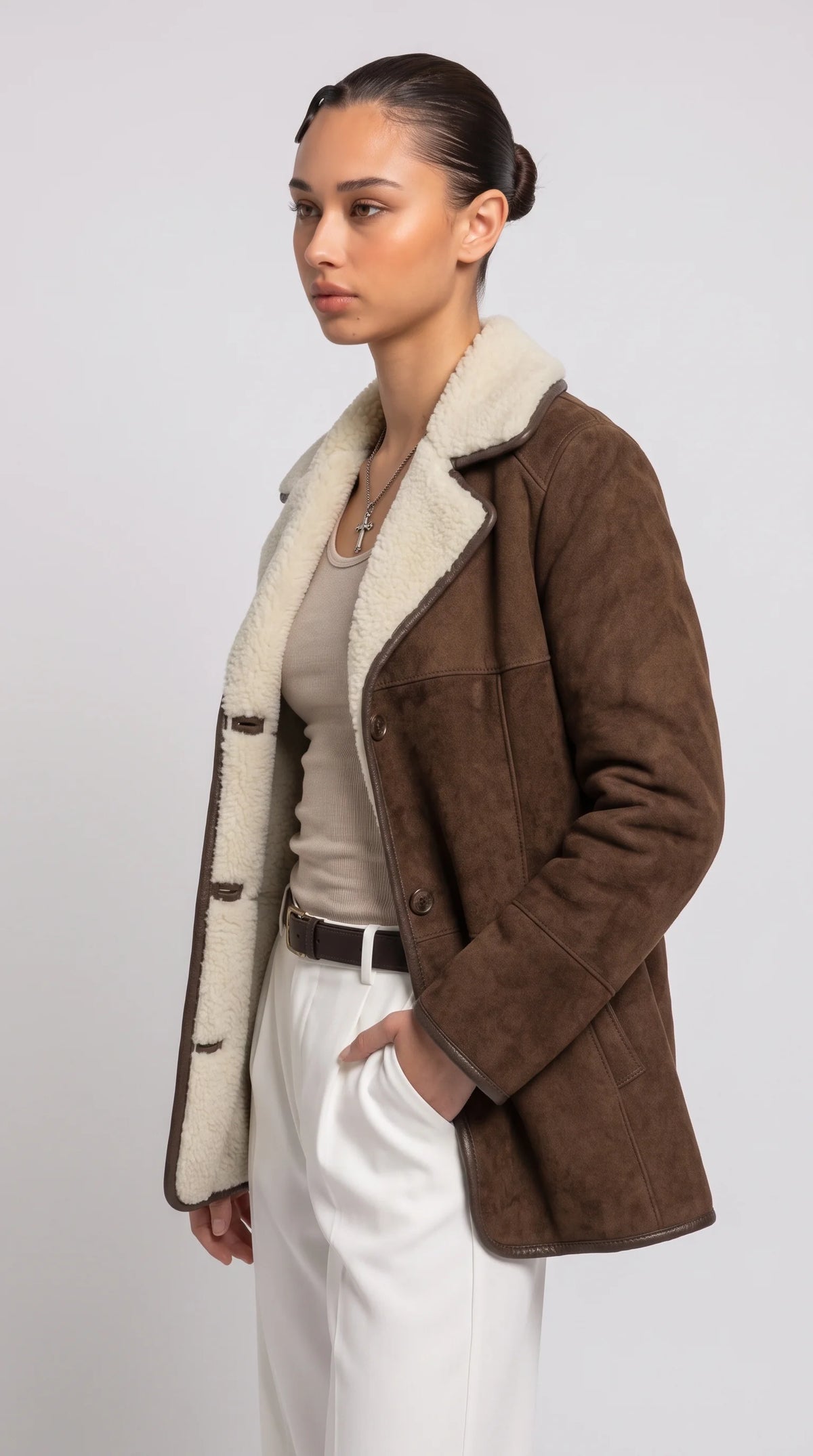 DARK CHOCOLATE BROWN SUEDE AVIATOR FLIGHT COAT WITH SHEARLING