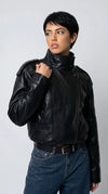 BLACK WRAP-AROUND HIGH NECK LEATHER OVERSIZED JACKET
