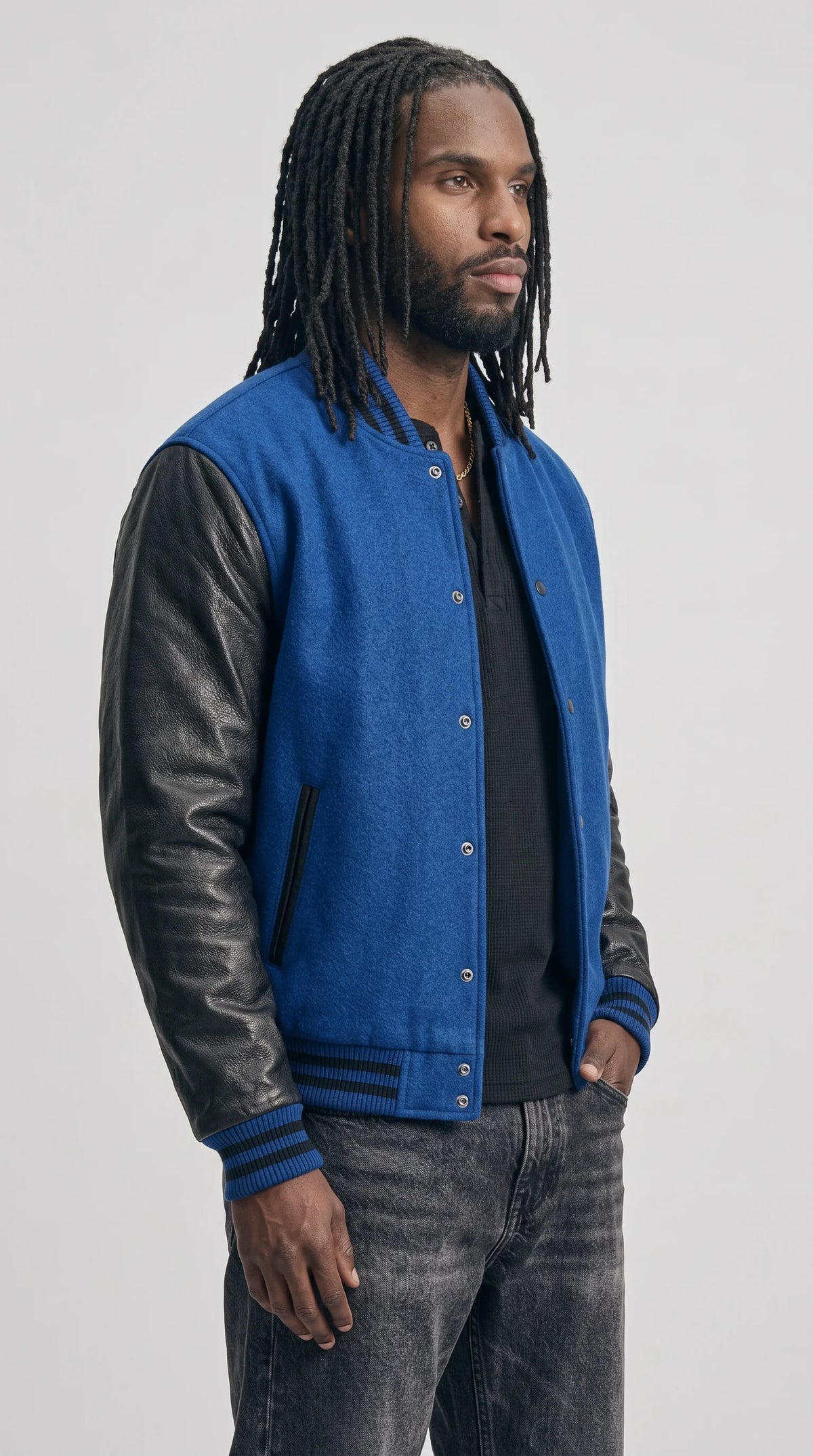 BLUE SUEDE & BLACK LEATHER VARSITY JACKET