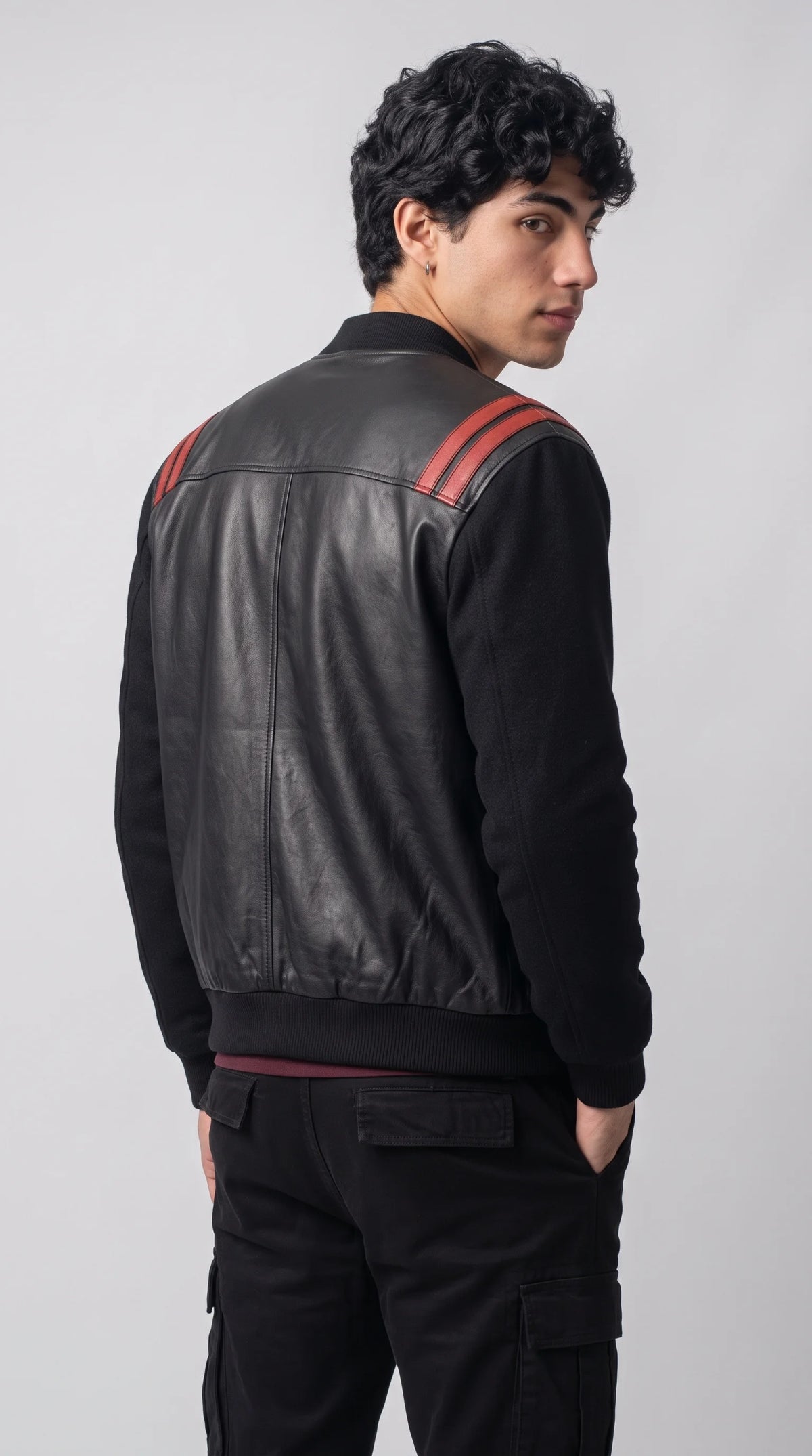 BLACK AND RED LEATHER BOMBER JACKET