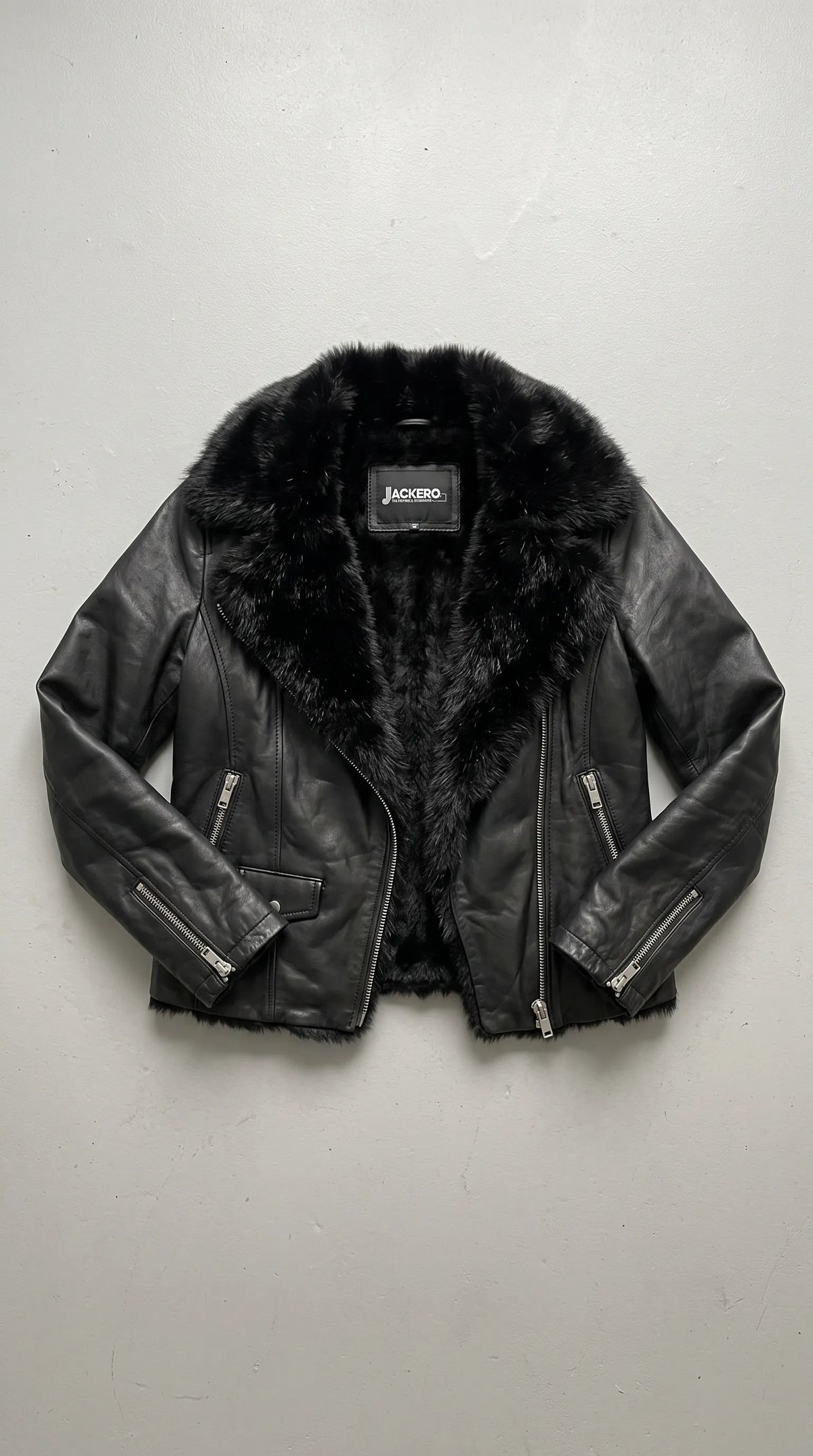 BLACK LEATHER BIKER AVIATOR FLIGHT JACKET WITH PLUSH BLACK FAUX FUR