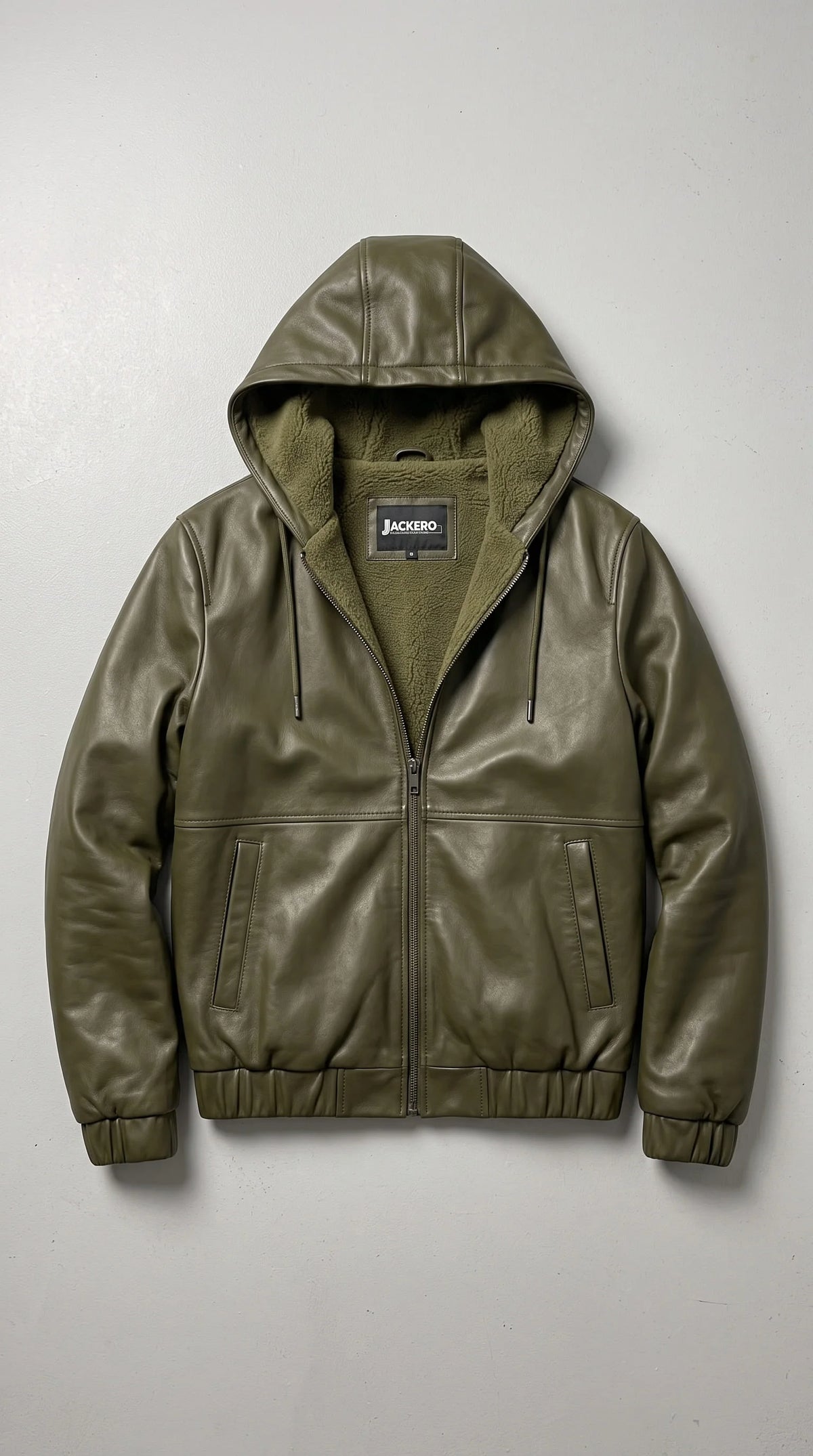 DARK GREEN LEATHER BOMBER JACKET WITH SHEARLING-LINED HOOD