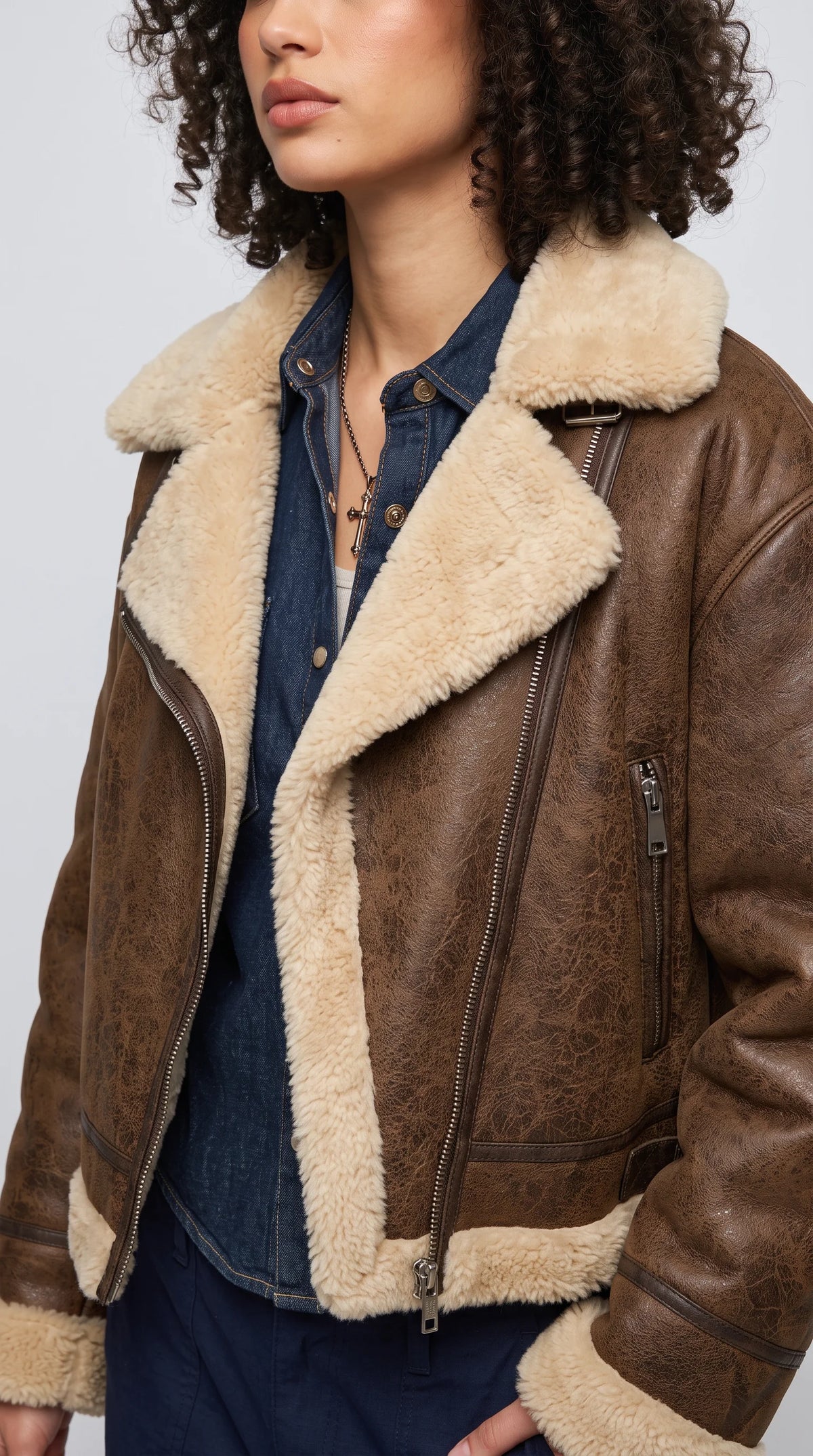 BROWN LEATHER CROPPED AVIATOR FLIGHT JACKET WITH CREAM SHEARLING