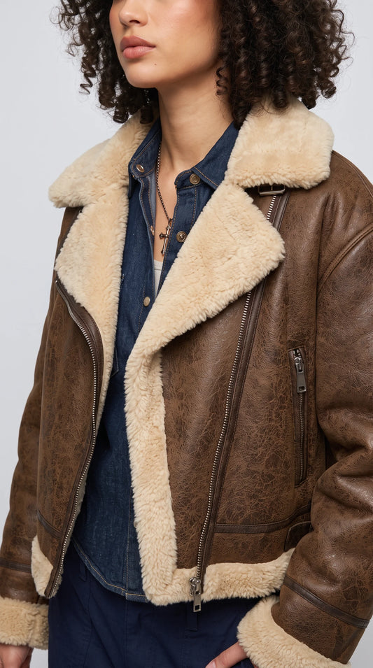 BROWN LEATHER CROPPED AVIATOR FLIGHT JACKET WITH CREAM SHEARLING