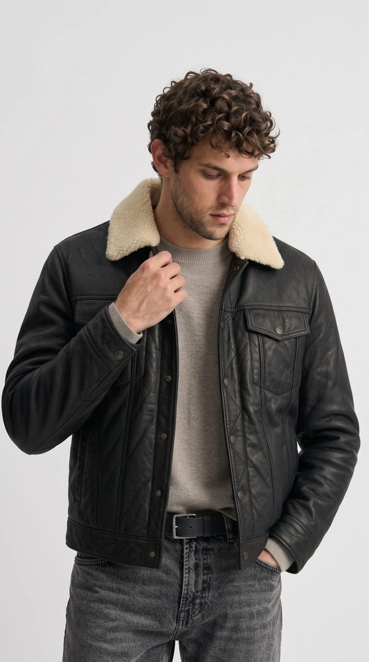 BLACK LEATHER TRUCKER JACKET WITH CREAM SHEARLING COLLAR