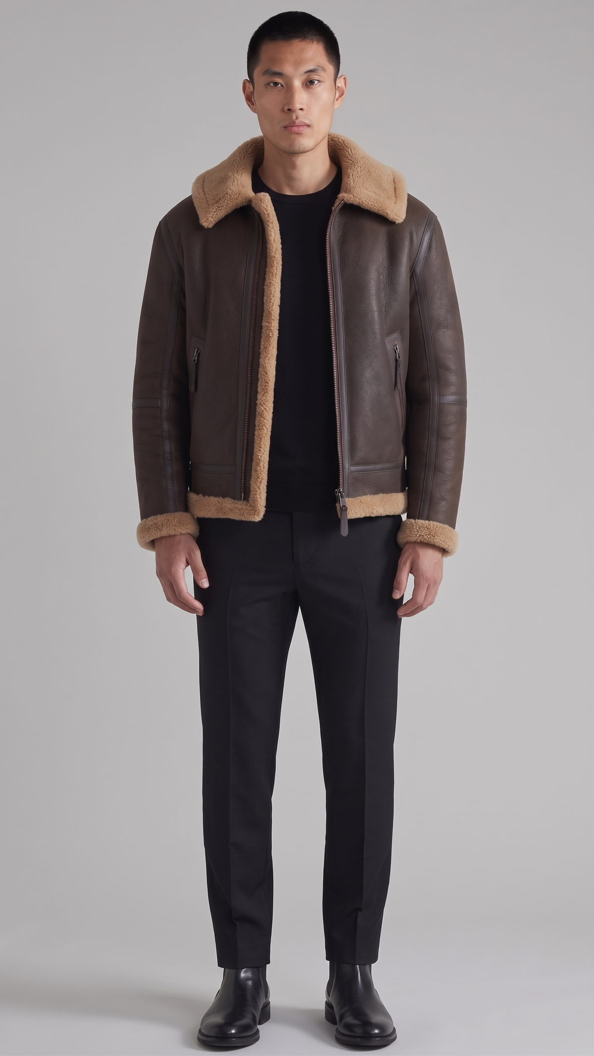 DARK BROWN LEATHER AVIATOR JACKET WITH TAN SHEARLING